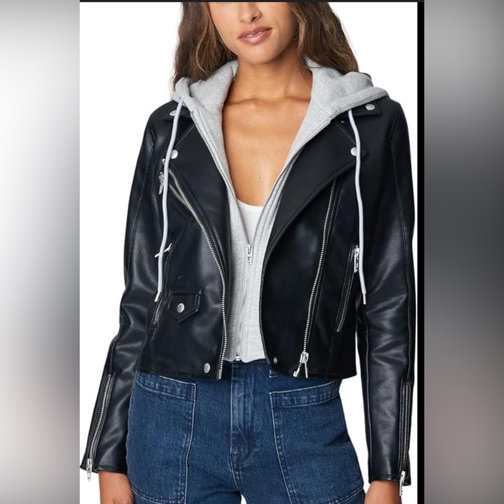 BlankNYC Faux Leather Hooded Crop Moto Jacket Sz XS NWT